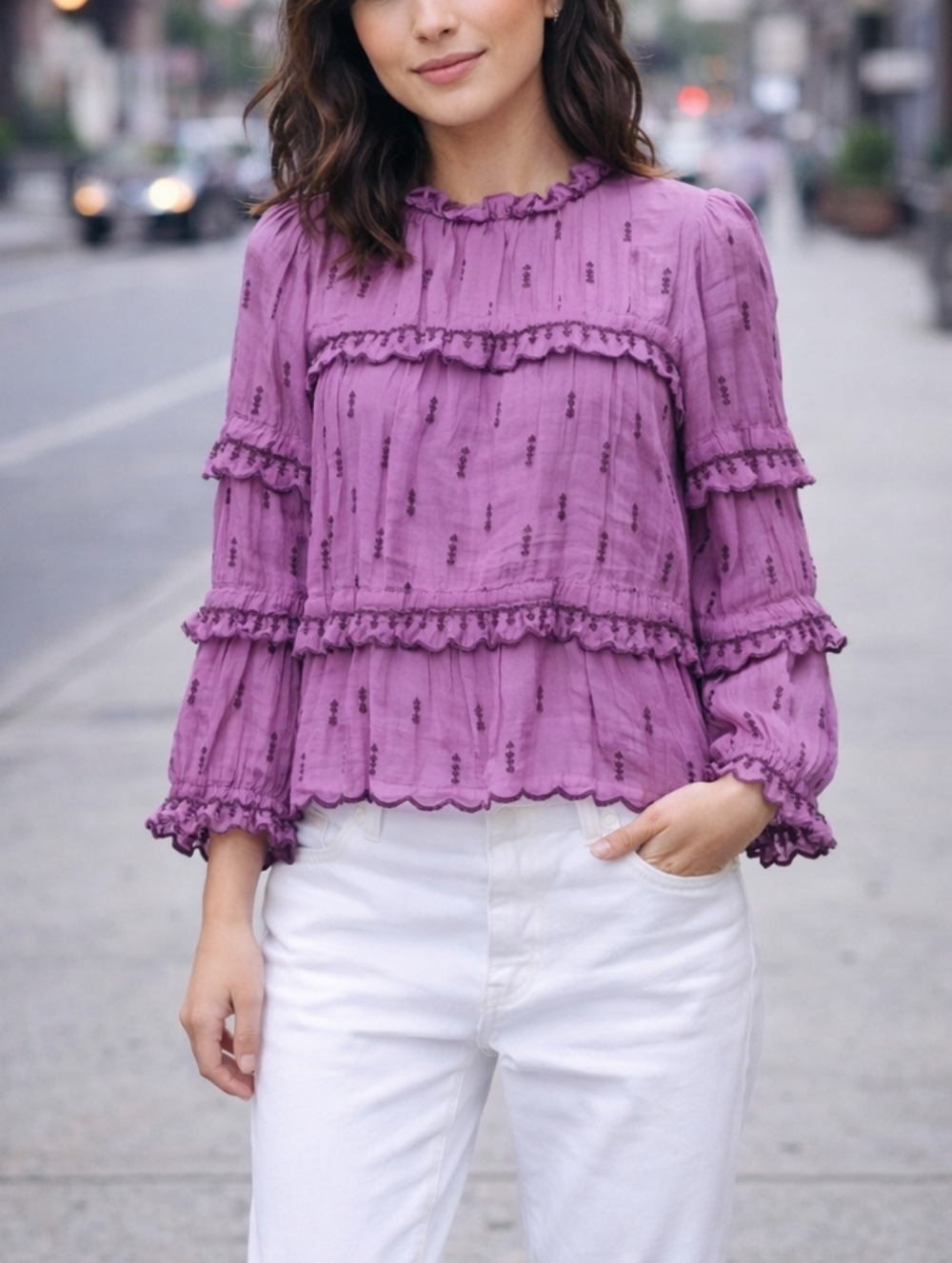 ISABEL MARANT Etoile Lavender Embroidered Ruffle Tiered Top FR sz 34